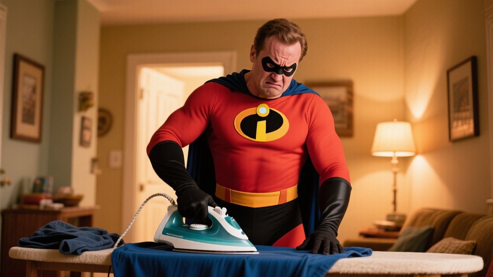 Ironing Duty 壁紙 — 一個穿著紅色超級英雄服裝、黃色腰帶和黑色面具的男人，在溫暖的燈光下專注地熨燙一件藍色襯衫。