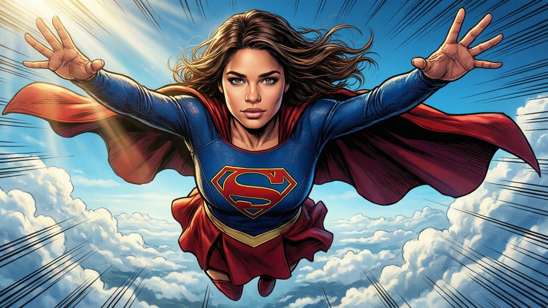 Supergirl in Flight 壁紙 — 超級女俠在明亮的藍天白雲中翱翔，身穿標誌性的藍紅戰衣，披風在身後飄揚。