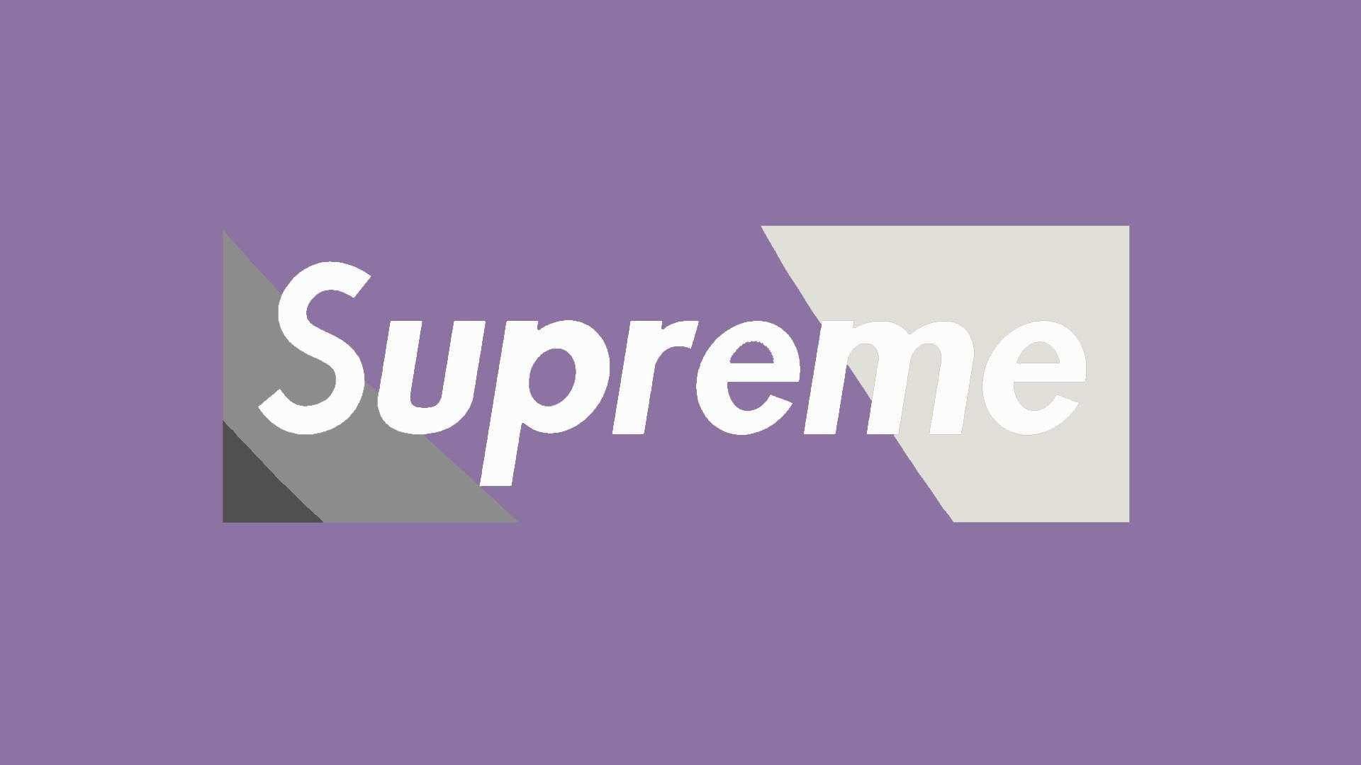 supreme 桌布 壁紙 — Supreme 標誌以白色粗體字型居中顯示在純紫色背景上，並由幾何灰色和米色形狀框住文字。