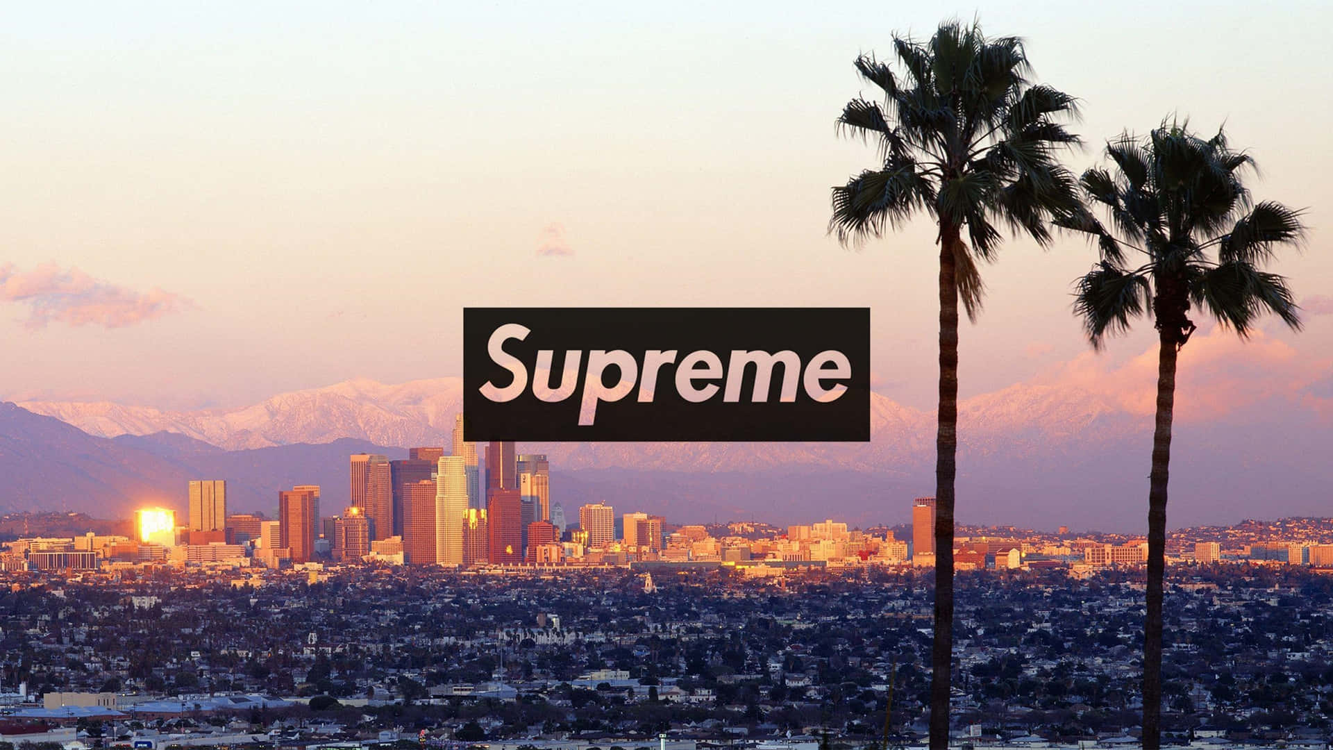 supreme 桌布 壁紙 — Supreme 標誌漂浮在日落時分的城市天際線上，背景有棕櫚樹和雪山。