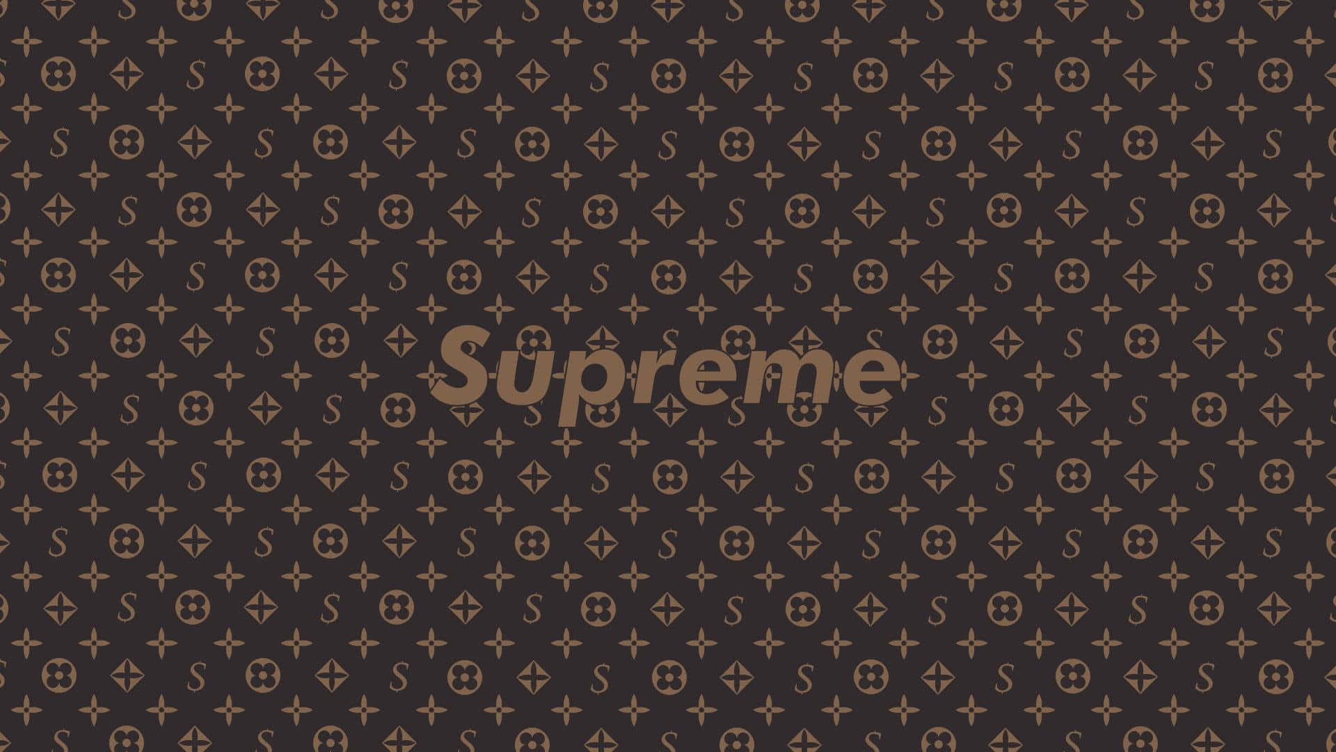 標誌 桌布 壁紙 — Supreme 標誌置中於重複的 Louis Vuitton 棕色 monogram 圖案上，背景為深色。