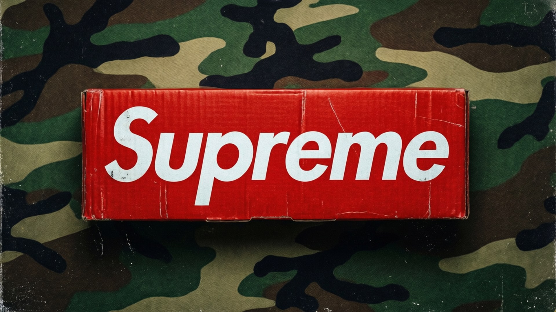 Supreme 迷彩方盒 壁紙 — 一個風化的紅色Supreme盒子放在綠色、棕色和黑色的迷彩背景上。