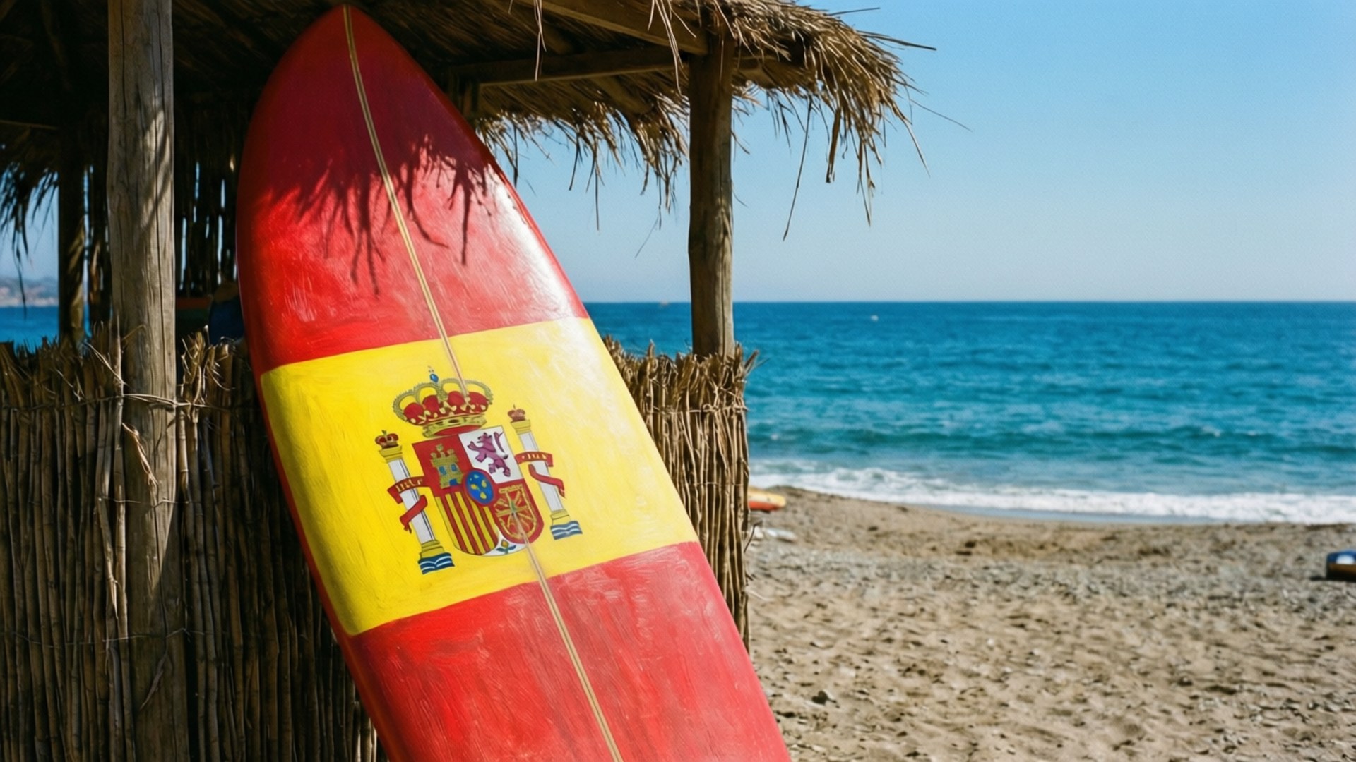 Surfboard Spain Flag 壁紙 — 一塊繪有西班牙國旗的衝浪板靠在茅草海灘小屋上，俯瞰著碧綠的海浪。