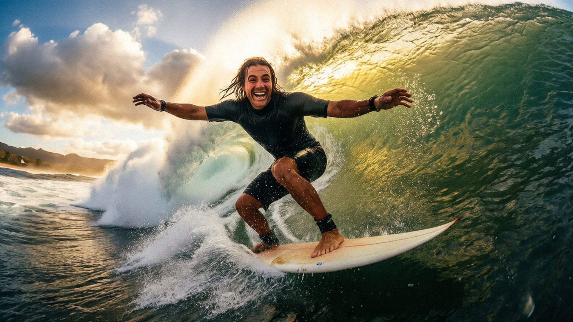 Surfing Thrill 壁紙 — 一名衝浪者在日落時分騎乘巨大的金色海浪，周圍水花四濺，咧嘴大笑。