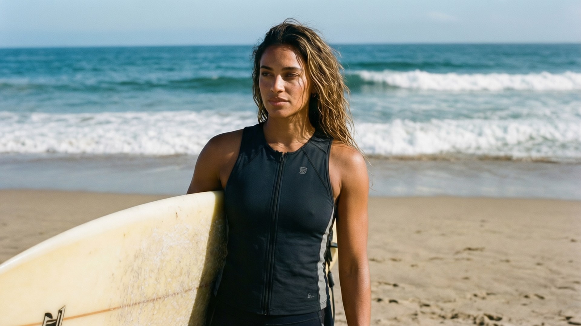 Surfing Ready 壁紙 — 一位穿著黑色潛水衣的女衝浪者站在沙灘上，手持白色衝浪板，身後是海浪。