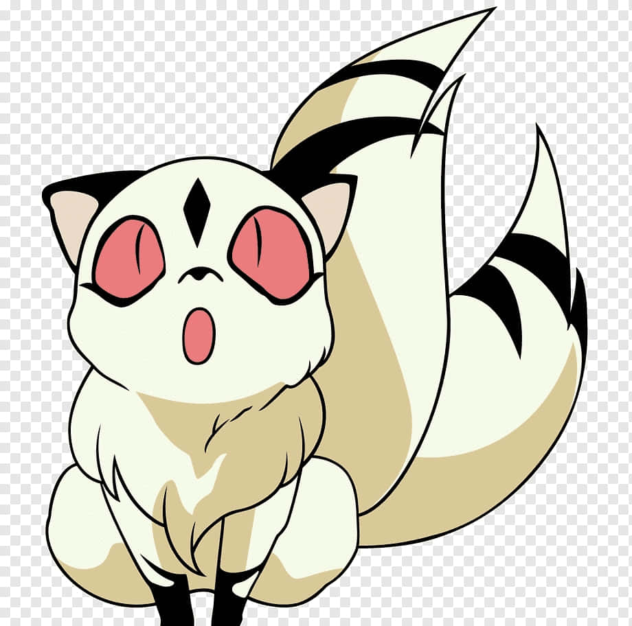 Inuyasha Nekomata 桌布 壁紙 — 一隻驚訝的動漫風格貓咪，擁有粉紅色眼睛和條紋尾巴，坐在格子背景前。
