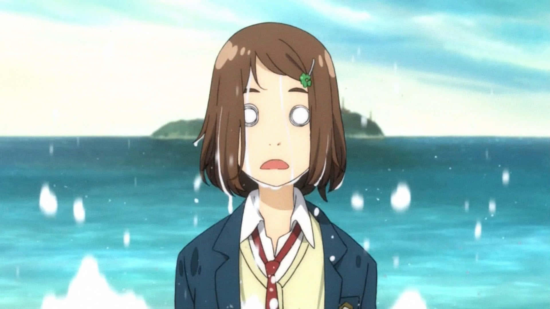 Flcl Alternative 桌布 壁紙 — 一個穿著校服的驚訝動漫女孩站在海邊的雨中，背景有遠處的島嶼。