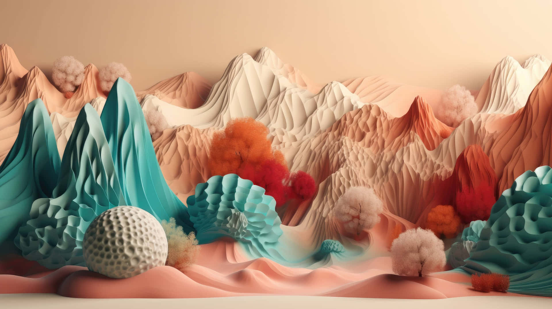  壁紙 — 超現實的3D渲染景觀，珊瑚色、藍綠色和蜜桃色調的分層山脈，配有一個高爾夫球和蓬鬆的雲狀樹木。