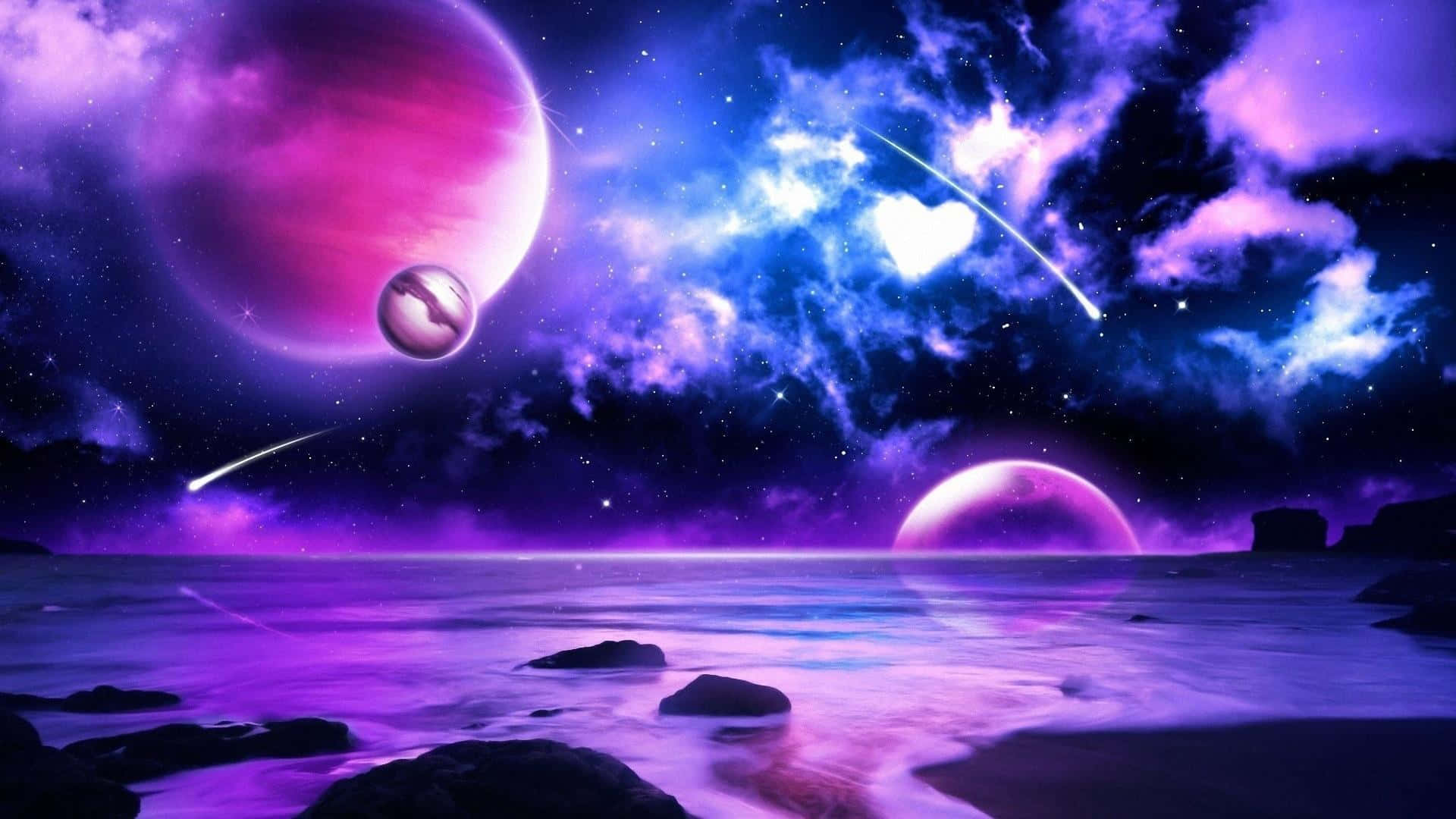  壁紙 — 暮色中超現實的外星海灘，有發光的紫色行星和一顆心形彗星劃過星空。