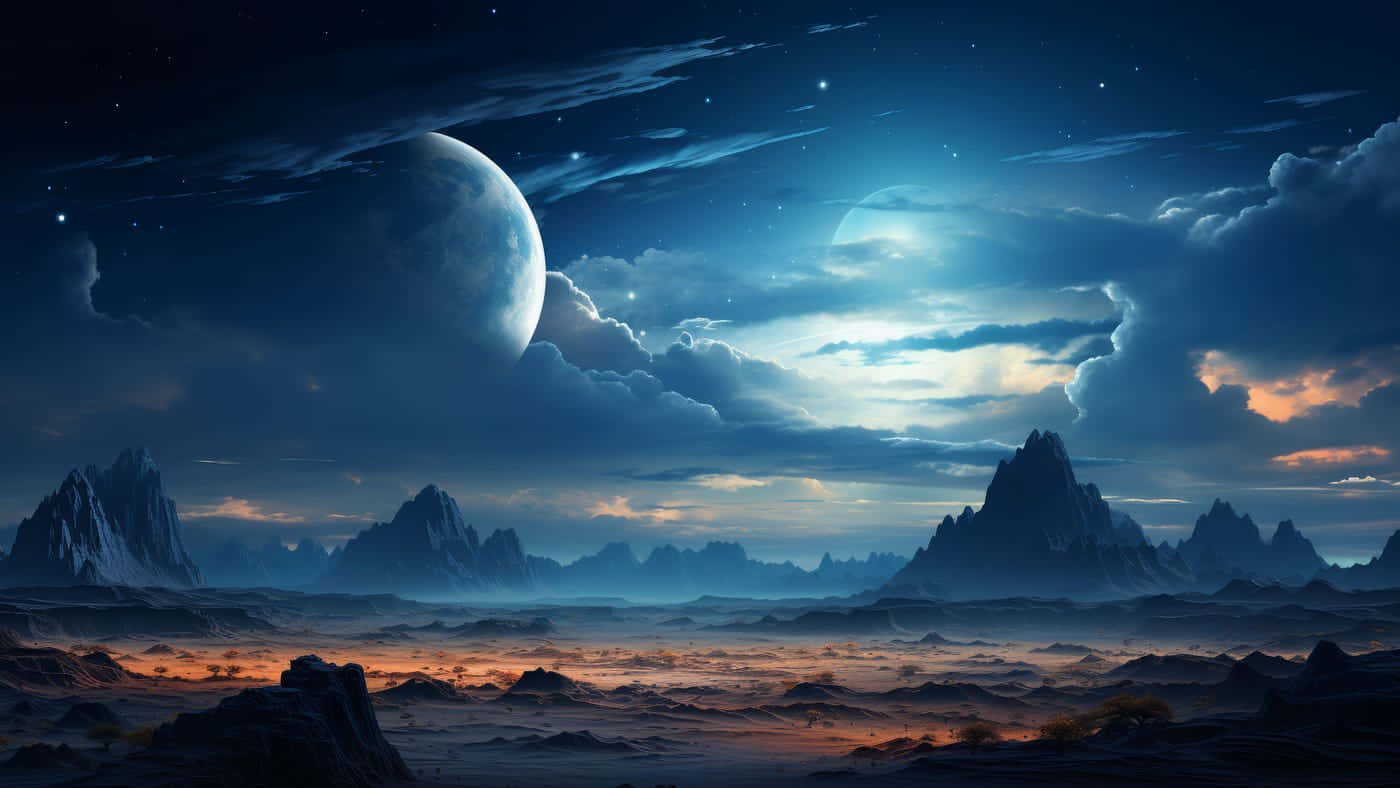  壁紙 — 黃昏時分的超現實外星景觀，鋸齒狀的山脈在星空下，兩個發光的月亮散發出空靈的藍色和橙色光芒。