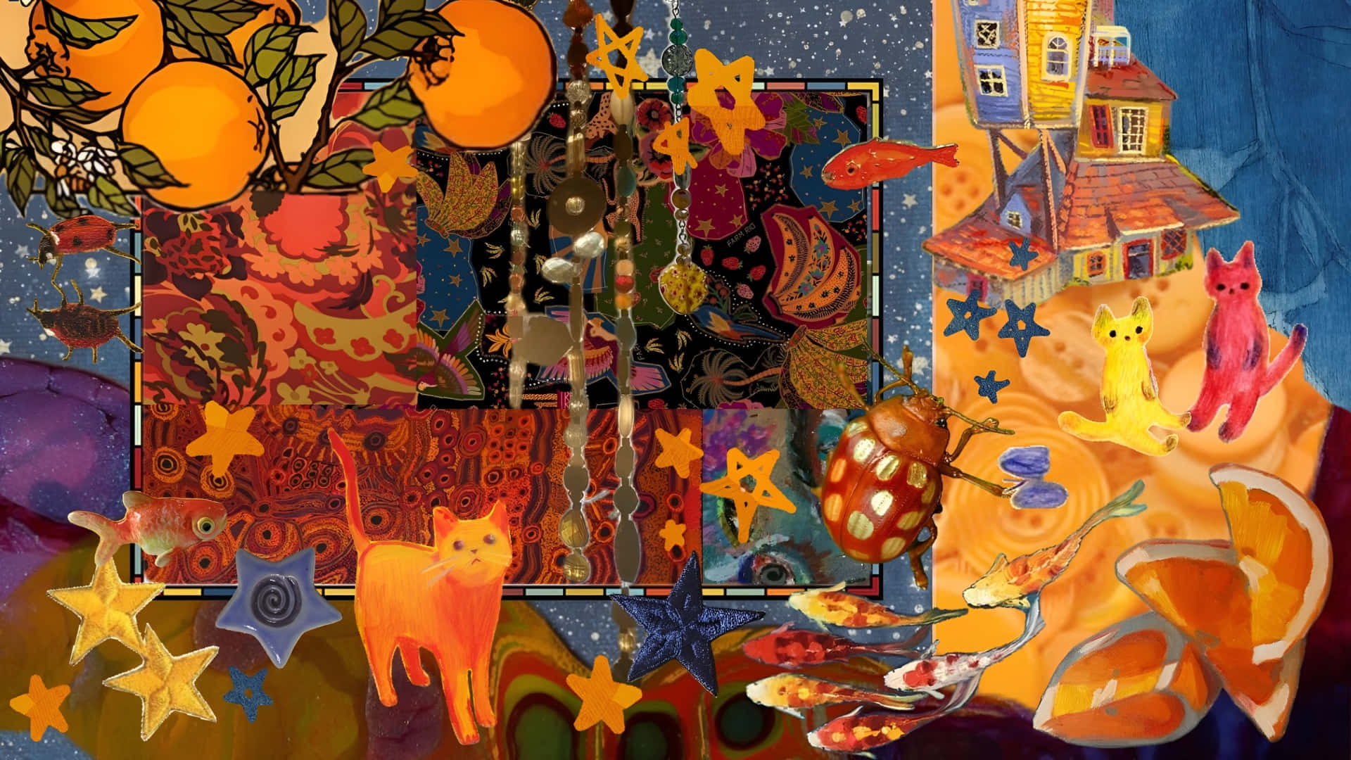  壁紙 — 一幅超現實拼貼畫，描繪鮮豔的柳橙、貓咪、星星和奇幻的房屋漂浮在夢幻般的宇宙空間中。