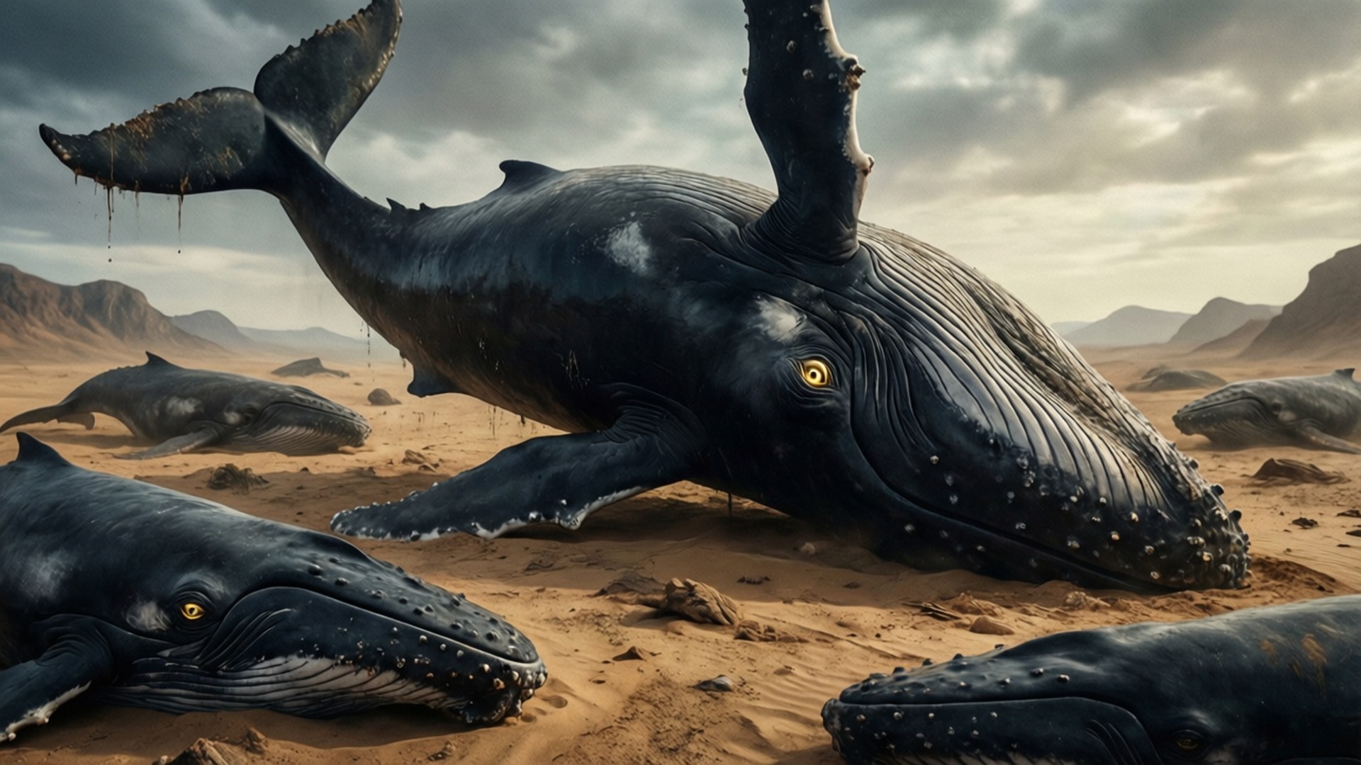 Beached Whales in Desert 壁紙 — 一個超現實的沙漠場景，巨大的鯨魚擱淺在沙丘上，天空多雲。