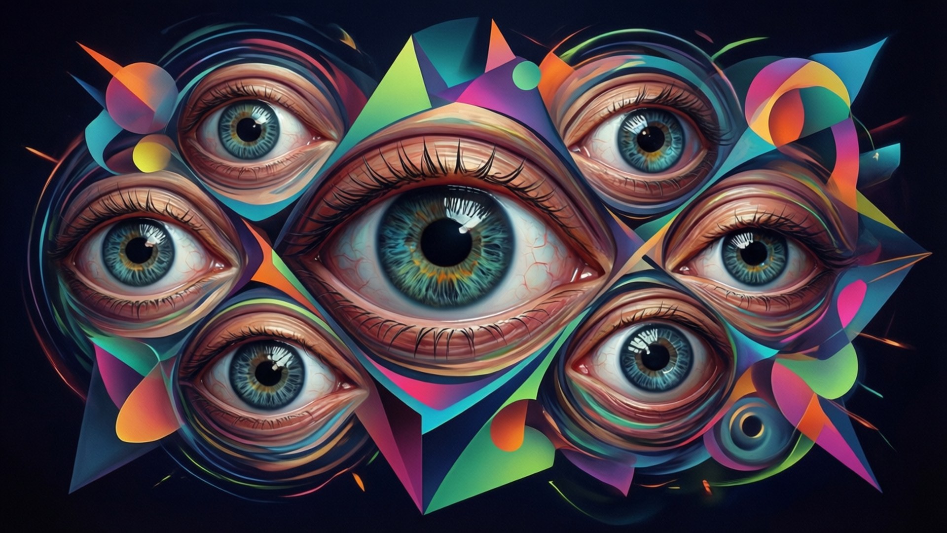白眼 桌布 壁紙 — 一件超現實的數位藝術作品，以多個超寫實的眼睛為特色，周圍環繞著鮮豔的幾何形狀，背景為深色。