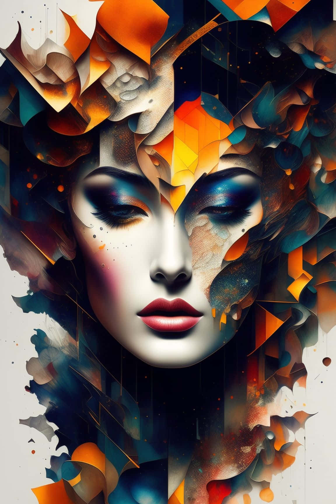  壁紙 — 一個超現實的數位肖像，描繪一位女性的臉龐，周圍環繞著充滿活力的抽象幾何形狀，顏色包括橙色、藍綠色和黑色。
