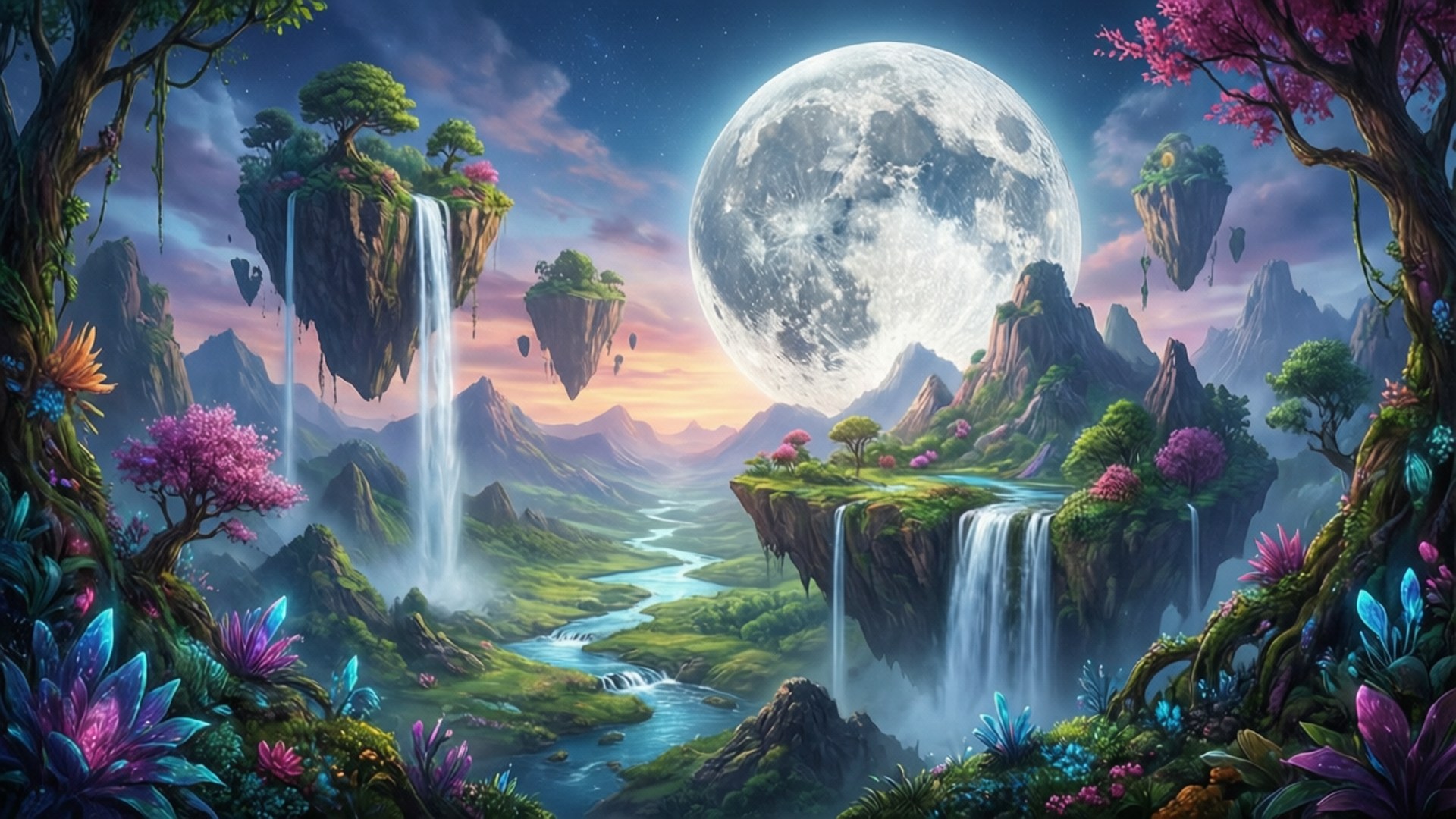 Floating Islands Fantasy 壁紙 — 超現實奇幻景觀，有浮島、瀑布和一輪巨月照耀著蜿蜒的河流。