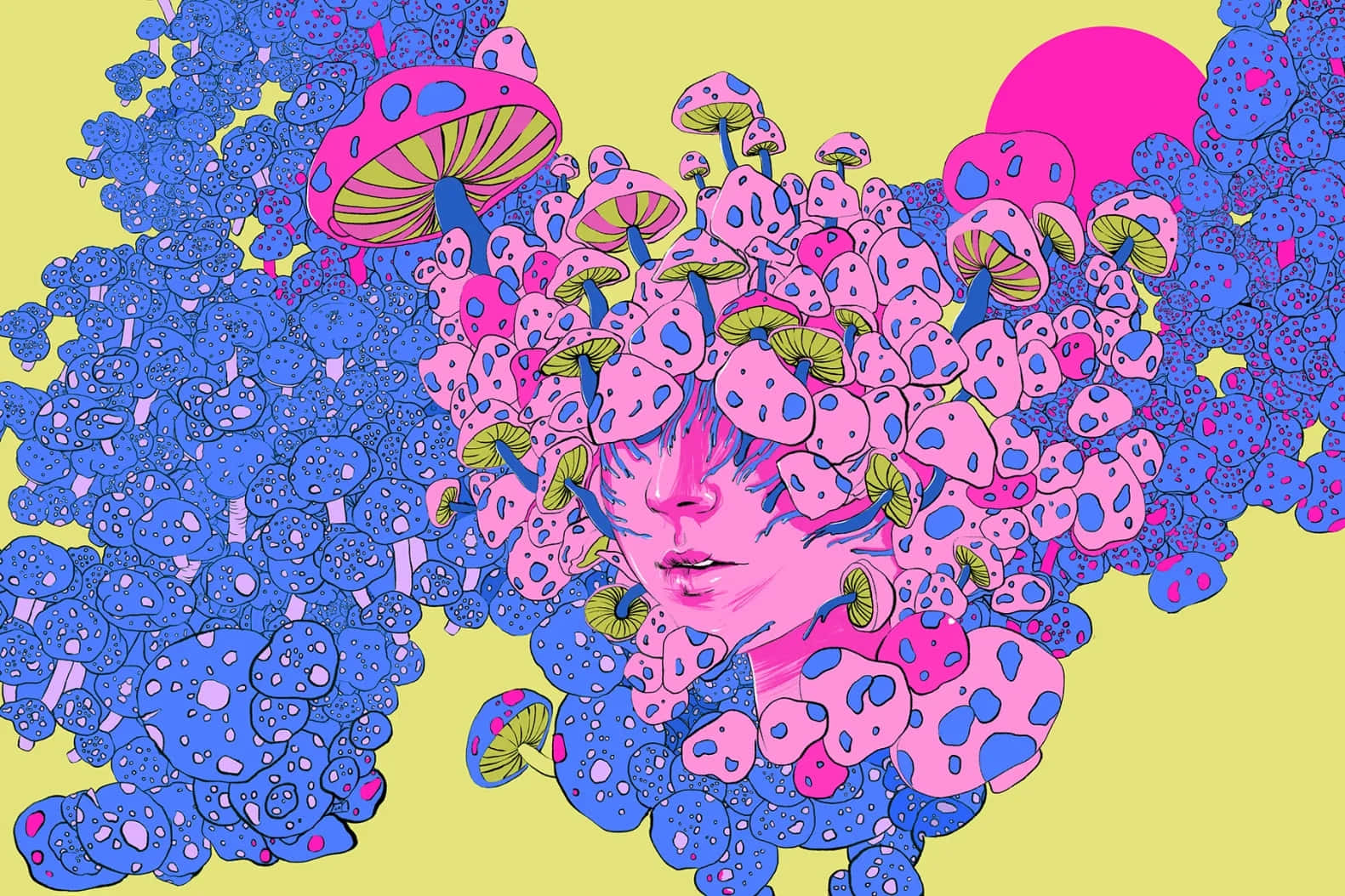  壁紙 — 一個超現實的插圖，描繪一張臉從充滿粉紅色和藍色蘑菇的茂密森林中浮現，下方是發光的粉紅色太陽。