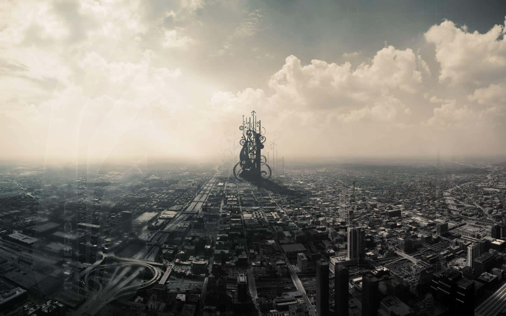  壁紙 — 一座超現實的巨石從廣闊的城市景觀中升起，背景是戲劇性的多雲天空，金色陽光穿透雲層。