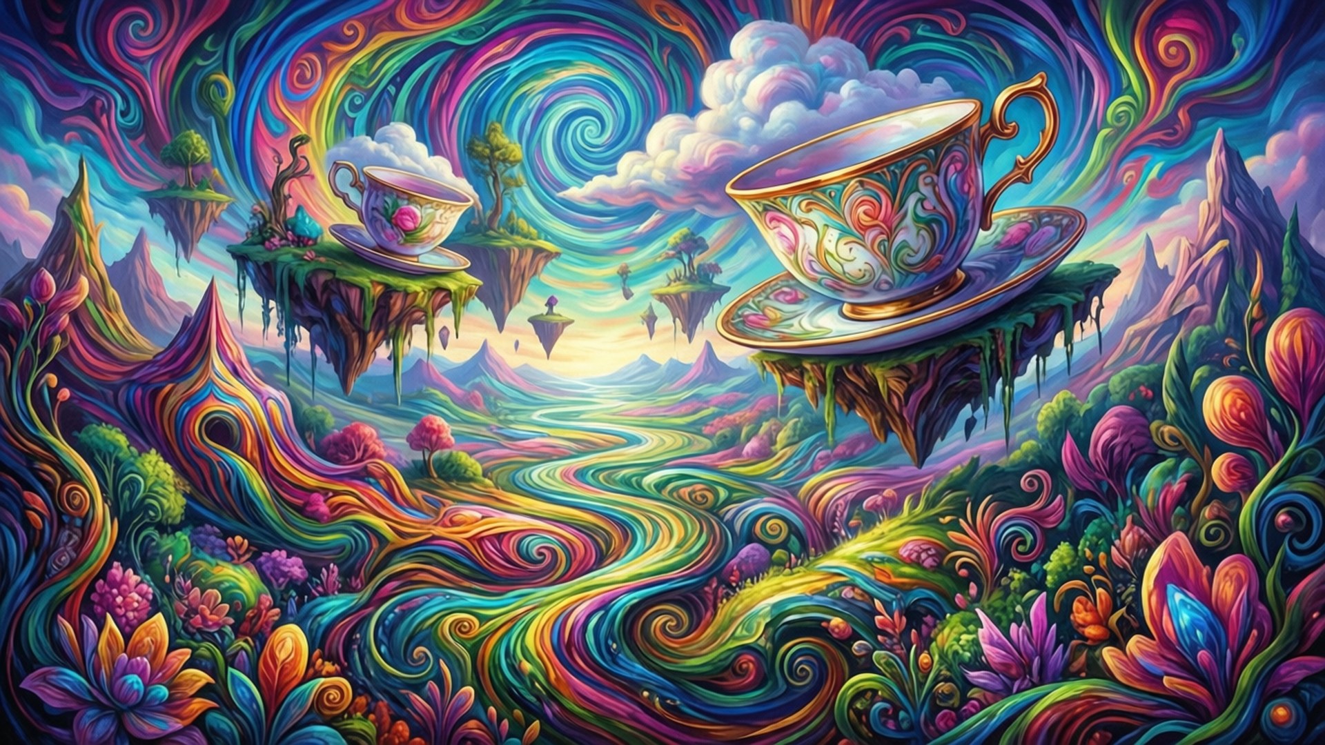 Wonderland Dreamscape 壁紙 — 超現實迷幻景觀，島嶼上漂浮著茶杯，周圍環繞著旋轉的彩虹色彩和奇幻植物。