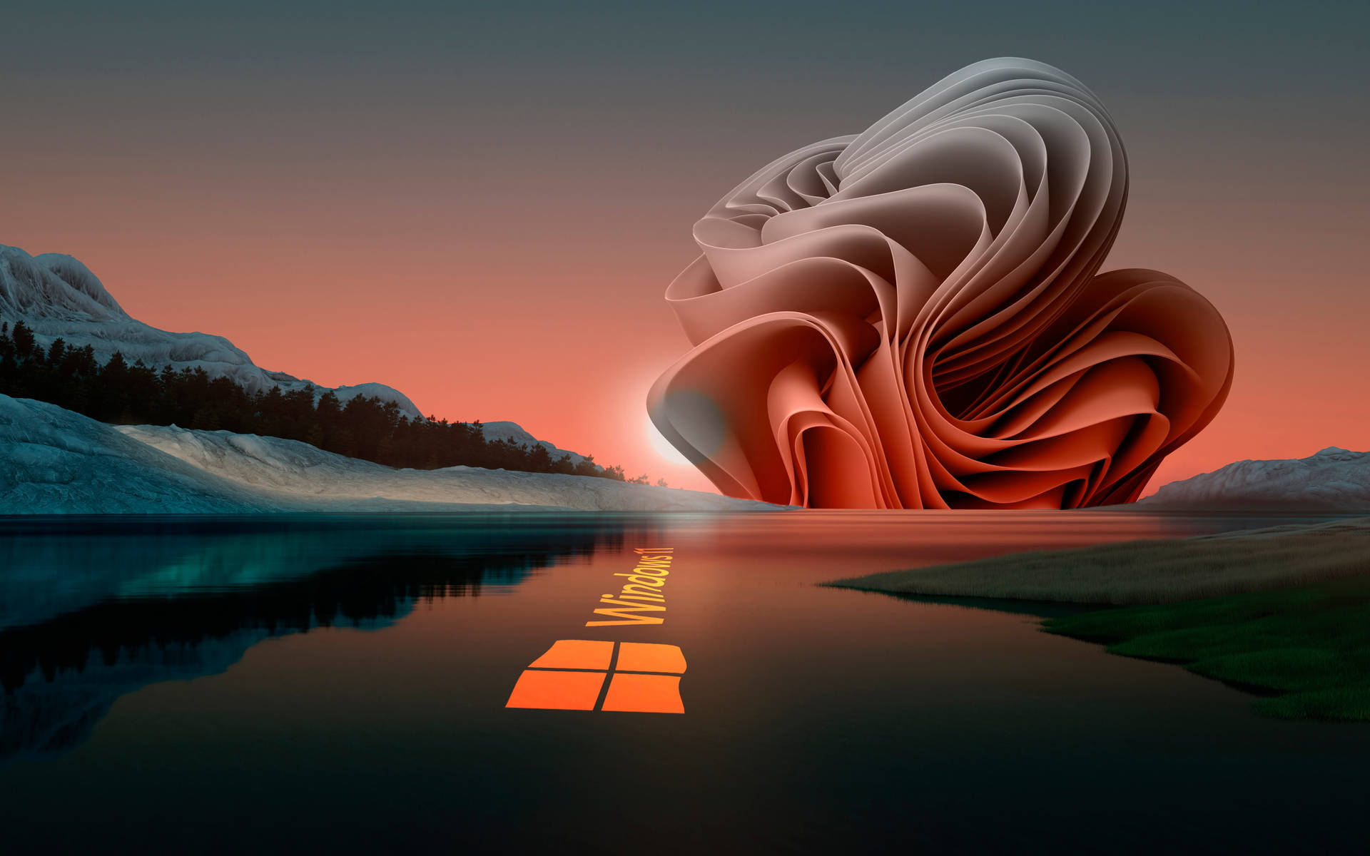 一朵巨大的抽象花朵在日落時分倒映在雪峰旁的水面上。 — Windows 11 壁紙