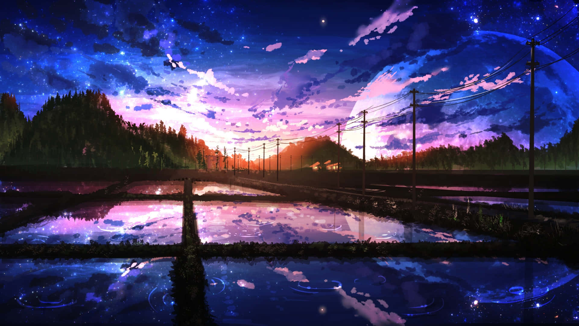  壁紙 — 超現實的黃昏場景，星空紫色天空倒映在被洪水淹沒的稻田中，周圍是森林覆蓋的山丘和電線桿。