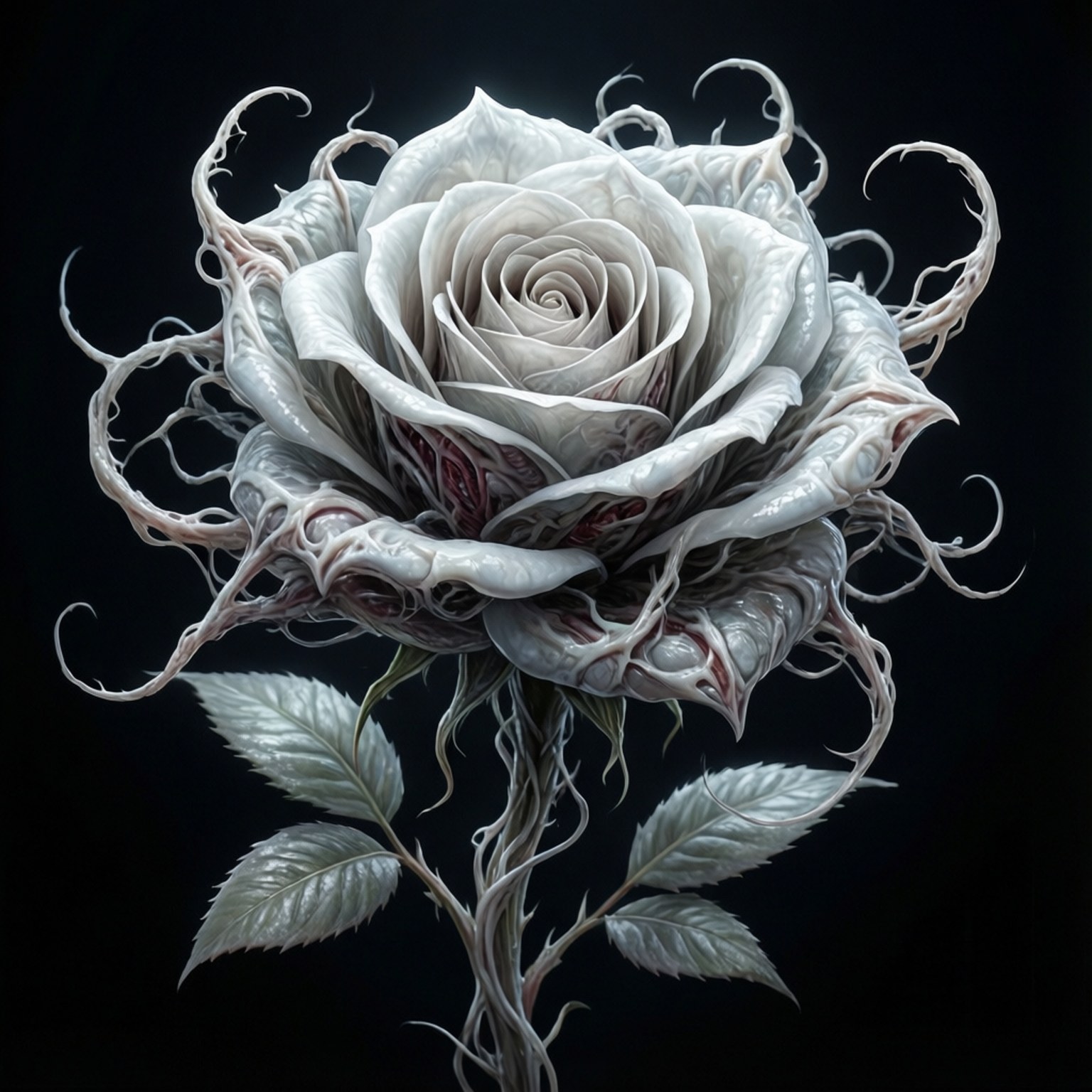 Symbiote Rose 壁紙 — 一朵超現實的白玫瑰，帶有怪誕的卷鬚和大理石般的紅色葉脈，在純黑背景上綻放。