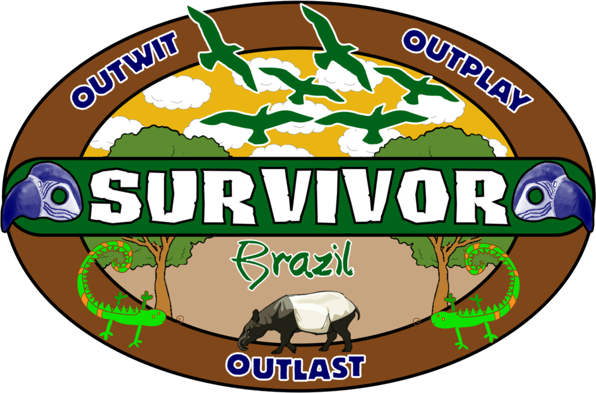 巴西 桌布 壁紙 — Survivor Brazil 的鮮豔插圖標誌，包含綠色鳥類、樹木、貘和鱷魚，並帶有 outwit outplay outlast 字樣。