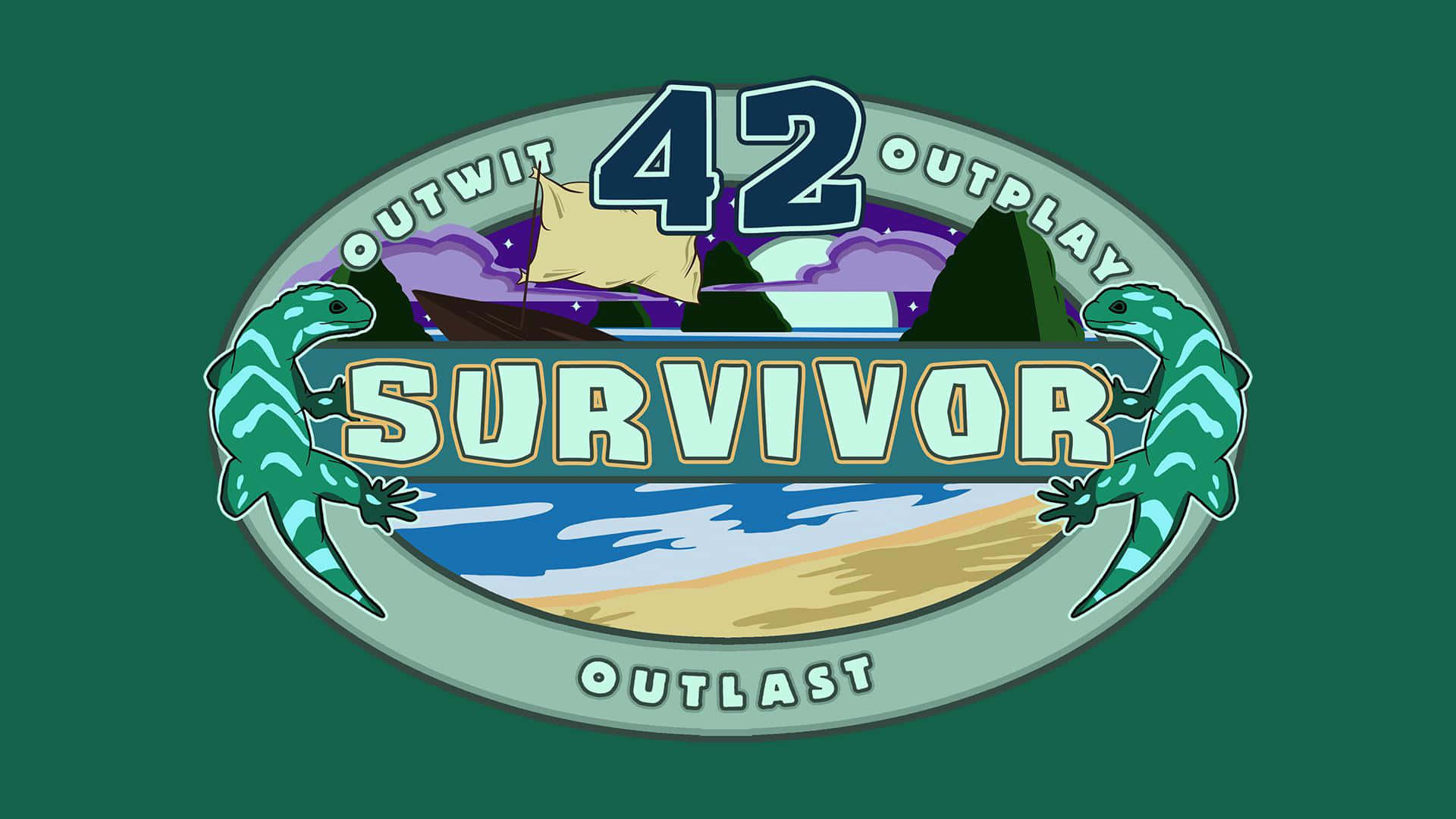  壁紙 — 一個色彩鮮豔的Survivor第42季標誌插圖，綠色蜥蜴環繞著帶有帆船的熱帶島嶼場景。