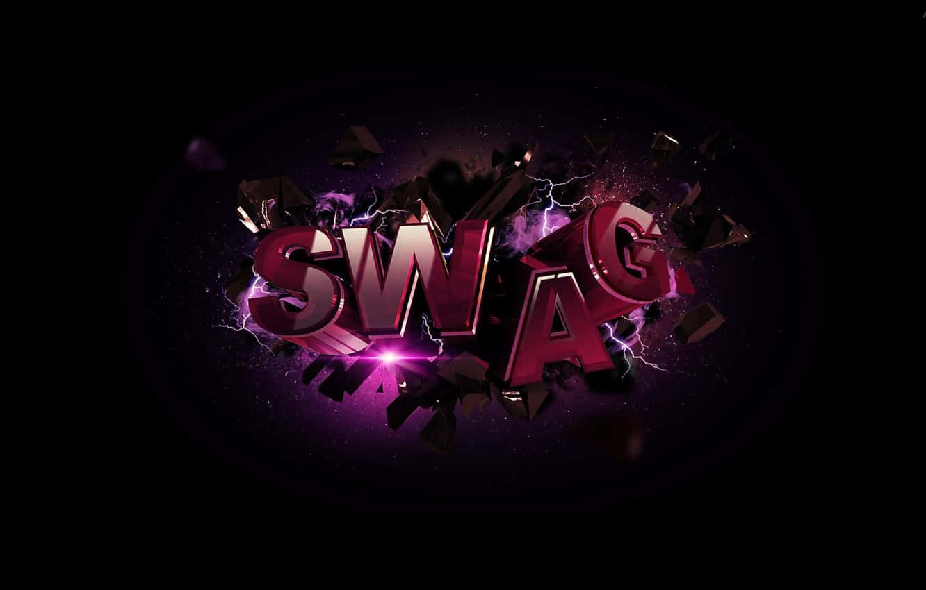 Cool Swag 桌布 壁紙 — 「SWAG」一詞爆發出電光紫色閃電，破碎的碎片在粗體金屬字母周圍爆炸，背景是黑暗的宇宙。