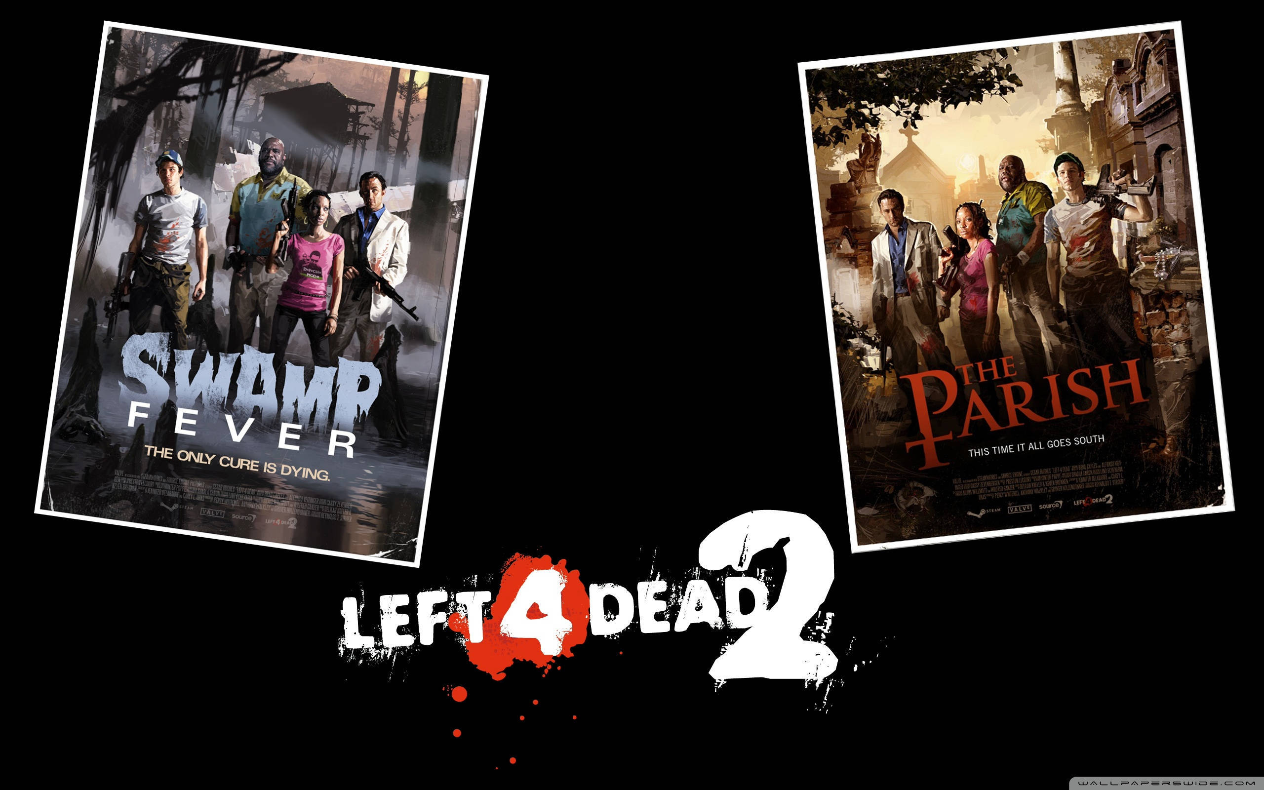 恐怖 桌布 壁紙 — Swamp Fever 和 The Parish 的兩張電影海報在黑色背景上夾著 Left 4 Dead 2 標誌。