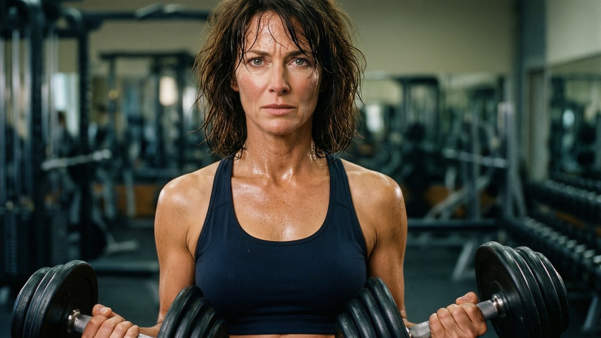 Fitness Motivation 壁紙 — 一個汗流浹背、頭髮凌亂的女人在健身房裡握著啞鈴，身後是模糊的器材。