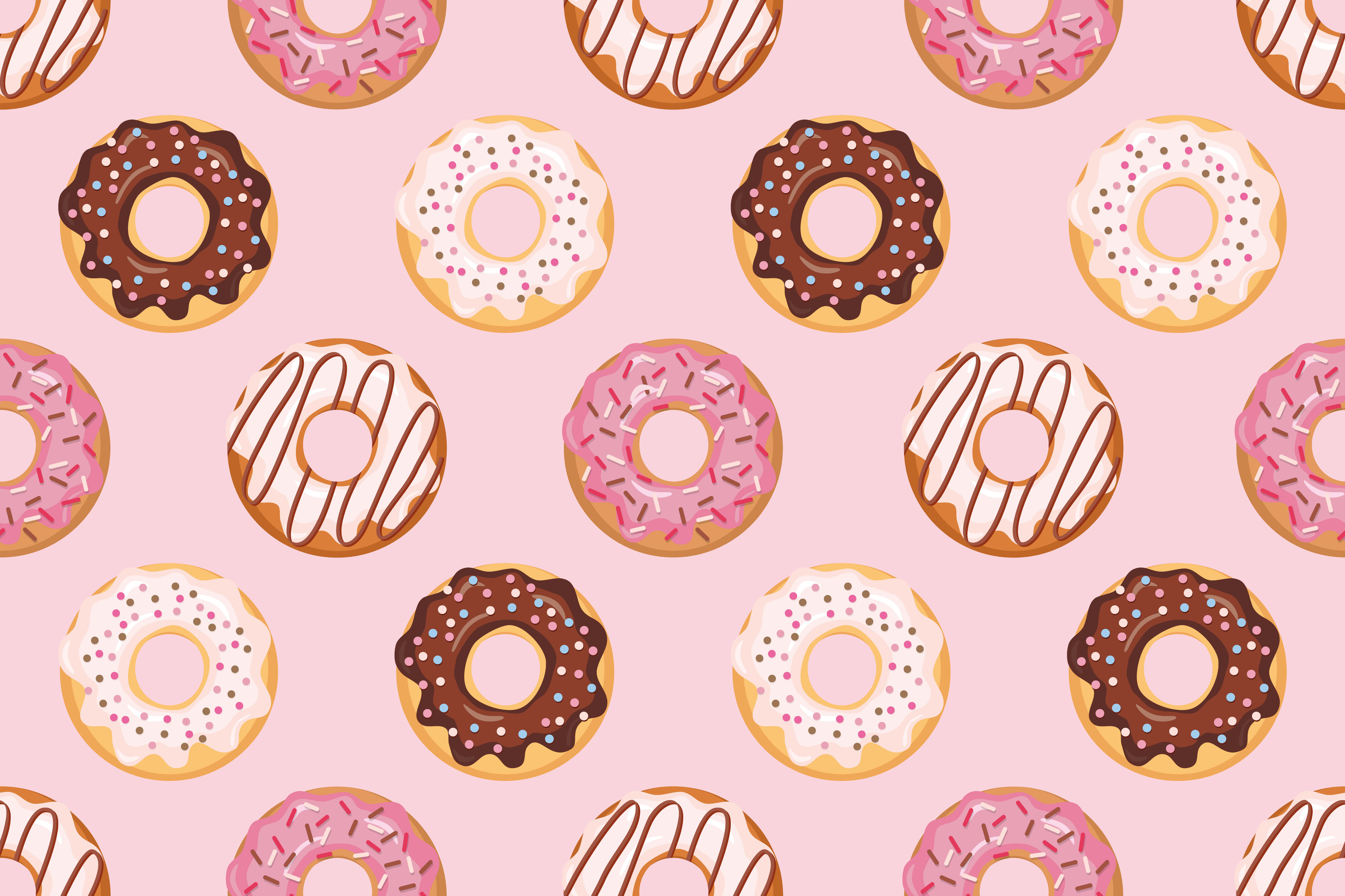 Cute Donut 桌布 壁紙 — 在柔和的粉紅色背景上，帶有巧克力糖霜、粉紅色糖粒和白色糖霜的彩色甜甜圈的甜美圖案。