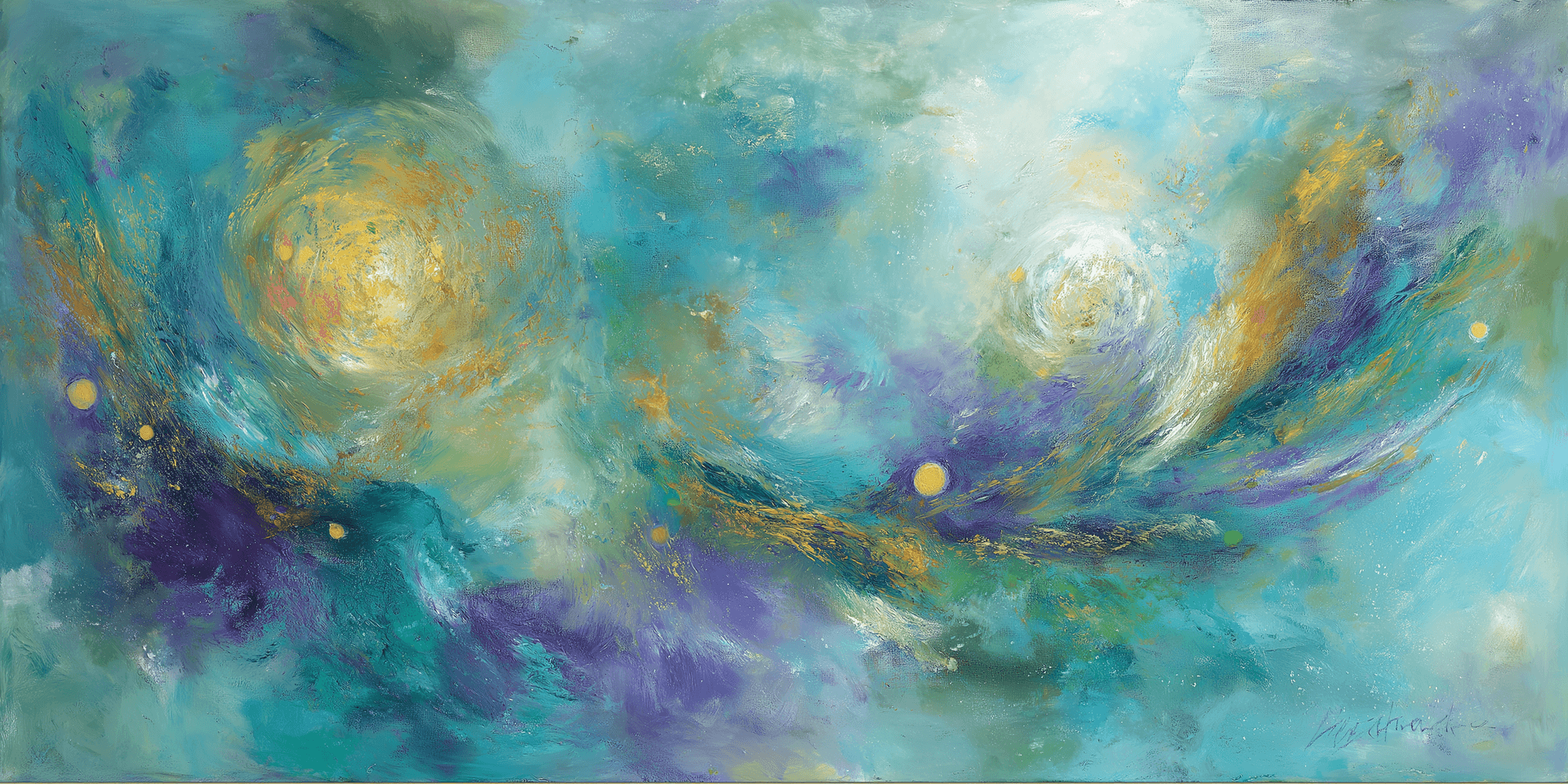 抽象宇宙畫，帶有旋轉的青綠色、紫色和金色星雲和發光球體。 — Pastel 壁紙