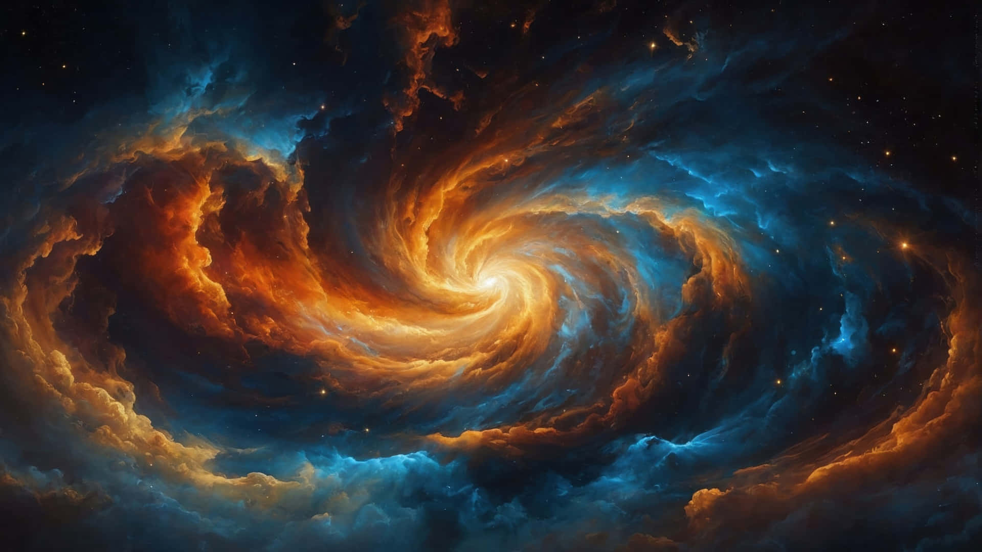  壁紙 — 一個旋轉的宇宙星雲，帶有火橙色和深藍色的雲層，從明亮的中心核心輻射出來，背景是繁星點點的虛空。