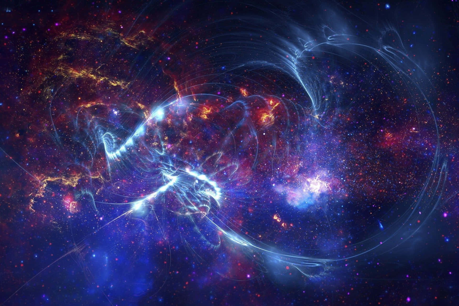  壁紙 — 一個旋轉的宇宙星雲，帶有發光的藍色和火熱的橙色觸手，背景是星場。