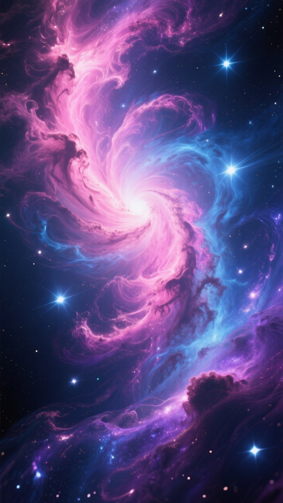 Galaxy Nebula Vertical 壁紙 — 一個旋轉的宇宙星雲，帶有充滿活力的粉紅色和藍色雲朵，在繁星點點的深藍色虛空中散發光芒。