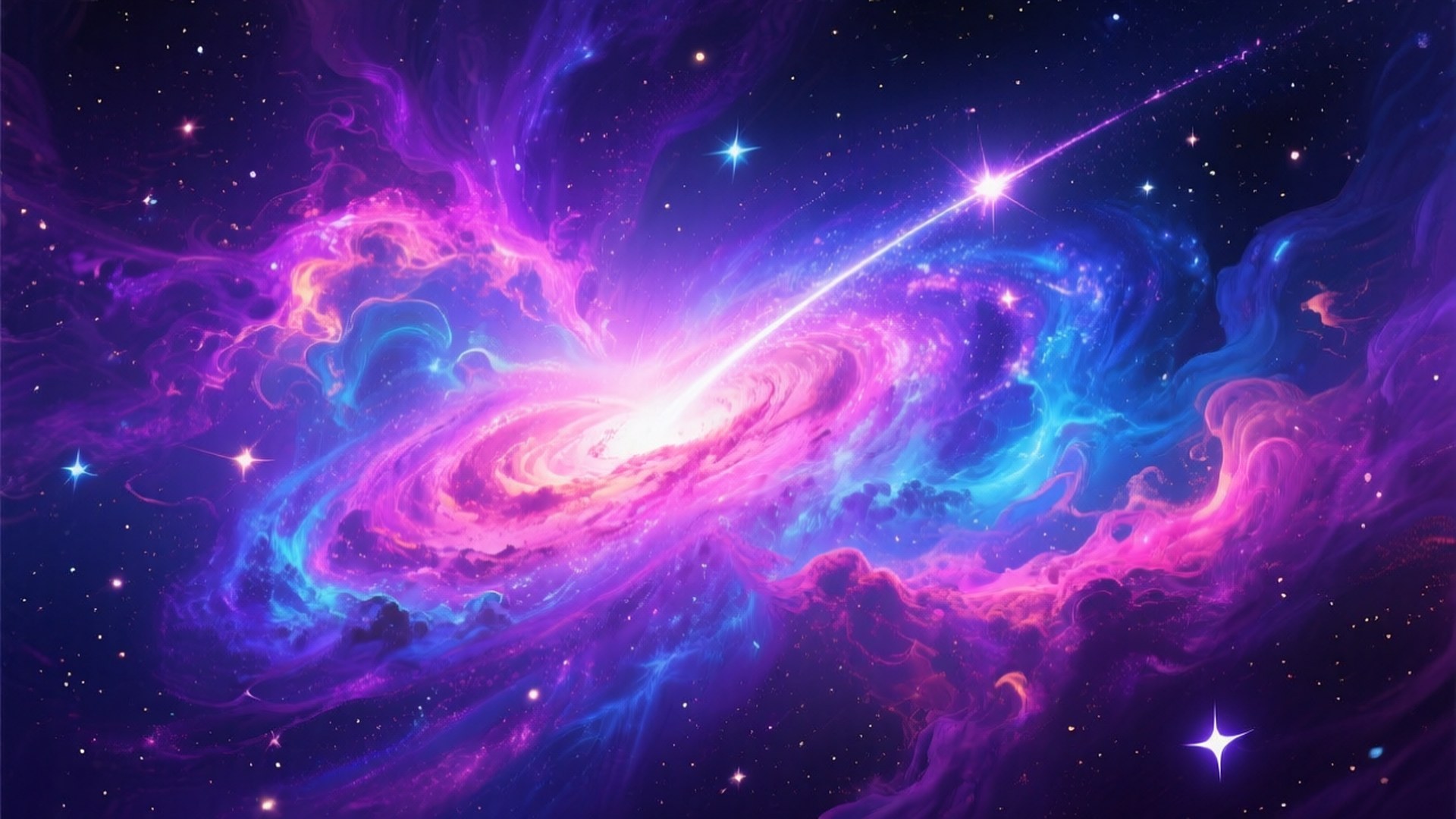 Galactic Wonder 壁紙 — 一個旋轉的星系，帶有充滿活力的紫色和藍色星雲，在黑暗的星場中散發出明亮的星星和宇宙塵埃。