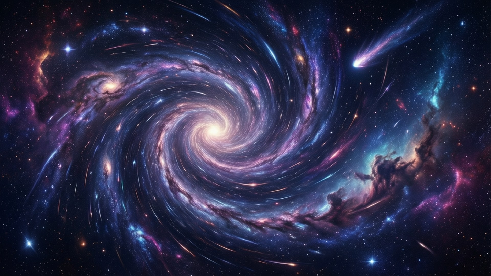Galactic Swirl 壁紙 — 一個旋轉的螺旋星系，帶有充滿活力的紫色、藍色和粉紅色星雲，從一個被無數恆星包圍的明亮核心輻射出來。
