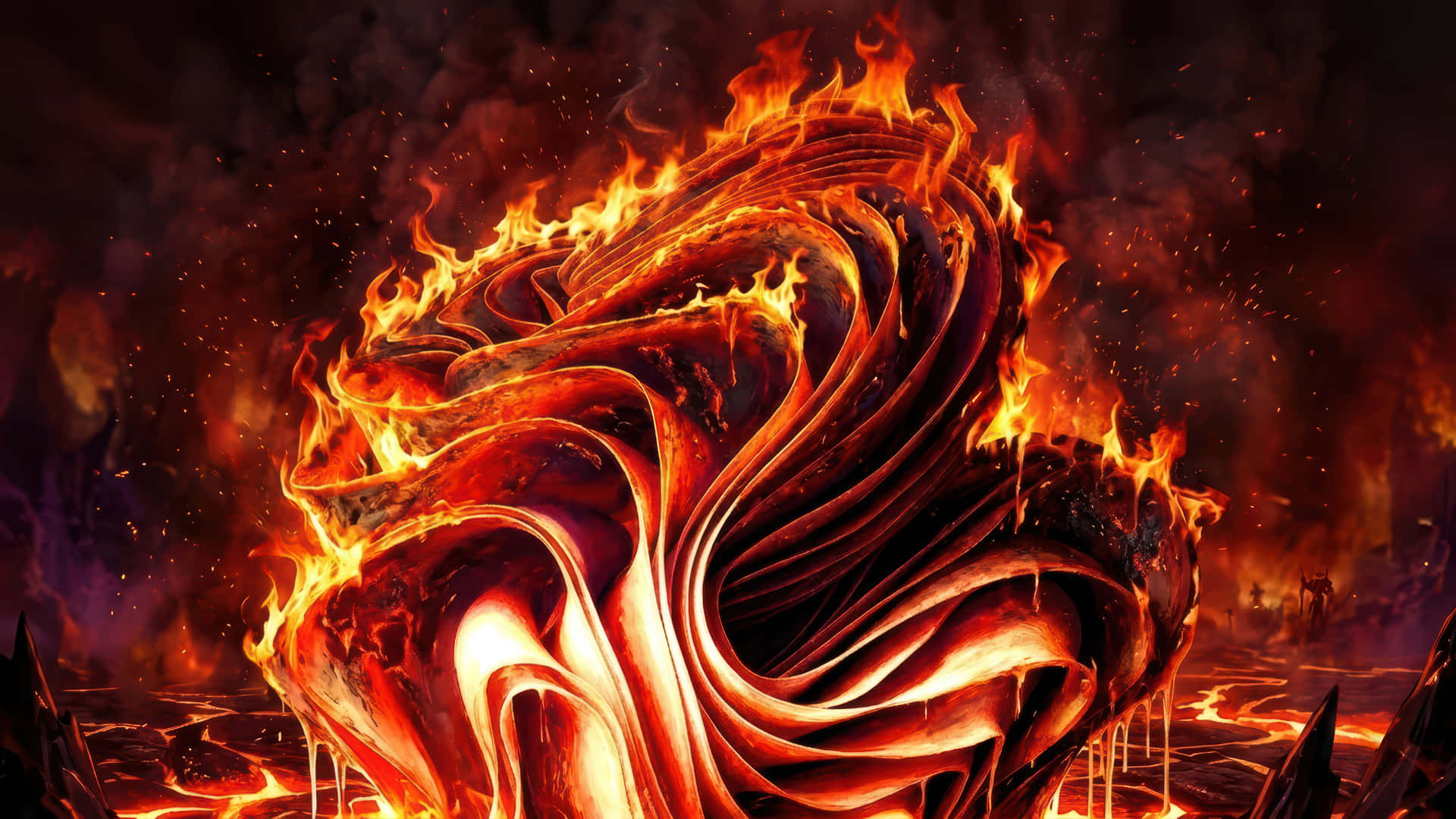 在黑暗的火山景觀中爆發的發光熔岩和火焰的漩渦。 — Windows 11 壁紙