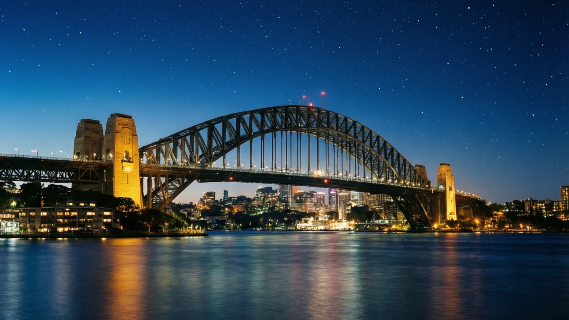 Harbour Bridge Night Glow 壁紙 — 雪梨港灣大橋在星空下閃耀，城市燈光倒映在下方平靜的水面上。