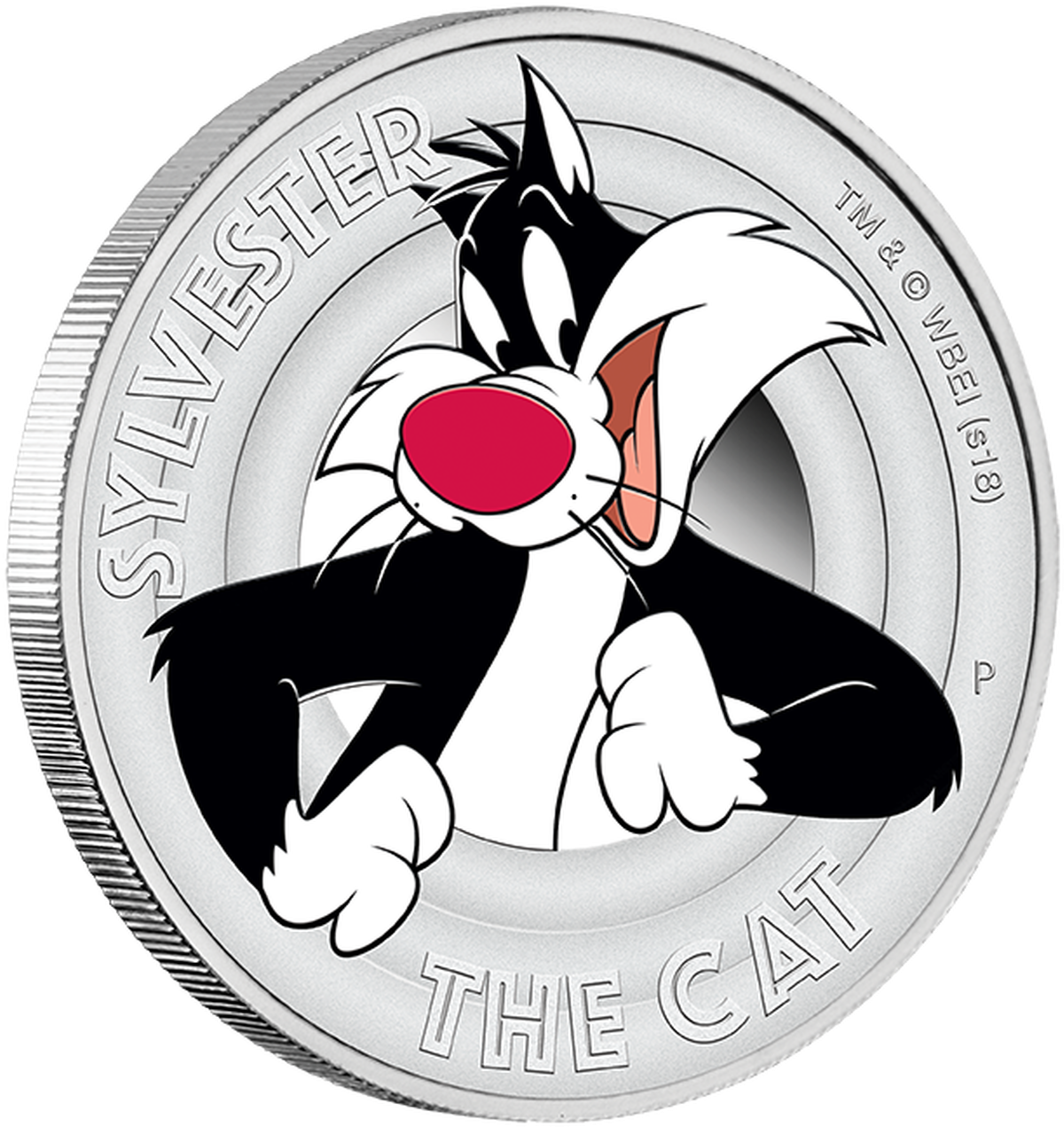樂一通 桌布 壁紙 — Sylvester the Cat 卡通角色浮雕在銀幣上，帶有雕刻文字和金屬光澤。