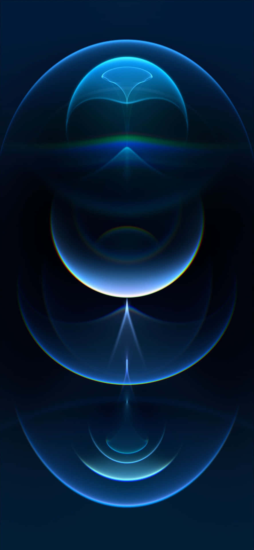 抽象數位藝術，在黑暗空間中呈現發光的藍色球體和光暈。 — iPhone 13 壁紙