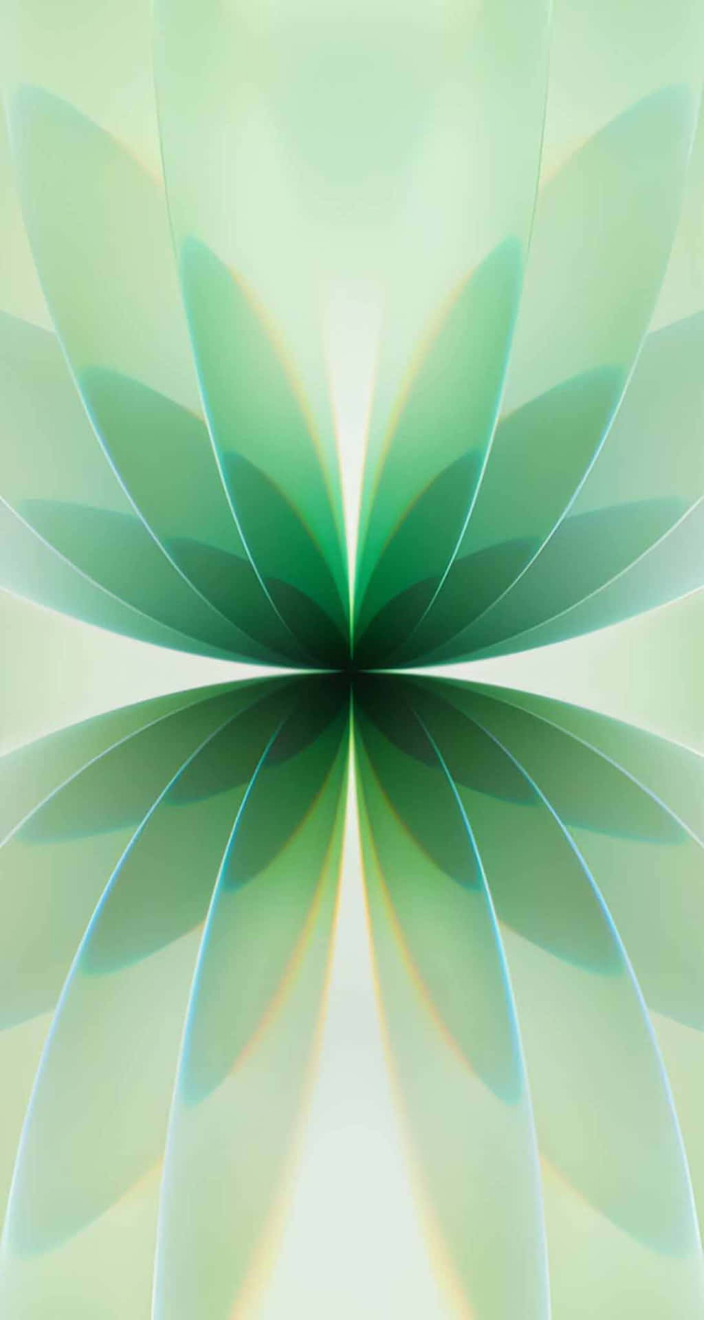 壁紙 — 一個對稱的抽象圖案，由半透明的綠色花瓣狀形狀從中心點向外輻射，帶有柔和的光線漸變。
