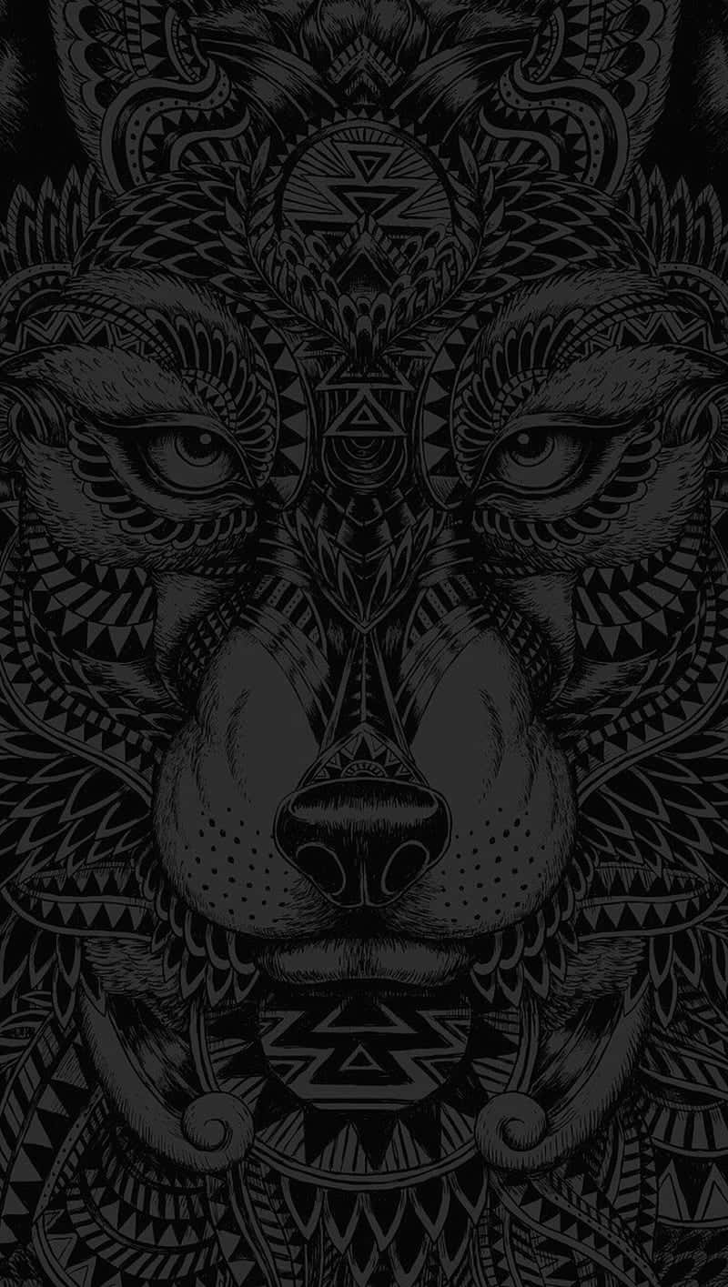  壁紙 — 一個對稱的黑白插圖，獅子的臉上裝飾著複雜的部落圖案和幾何設計。