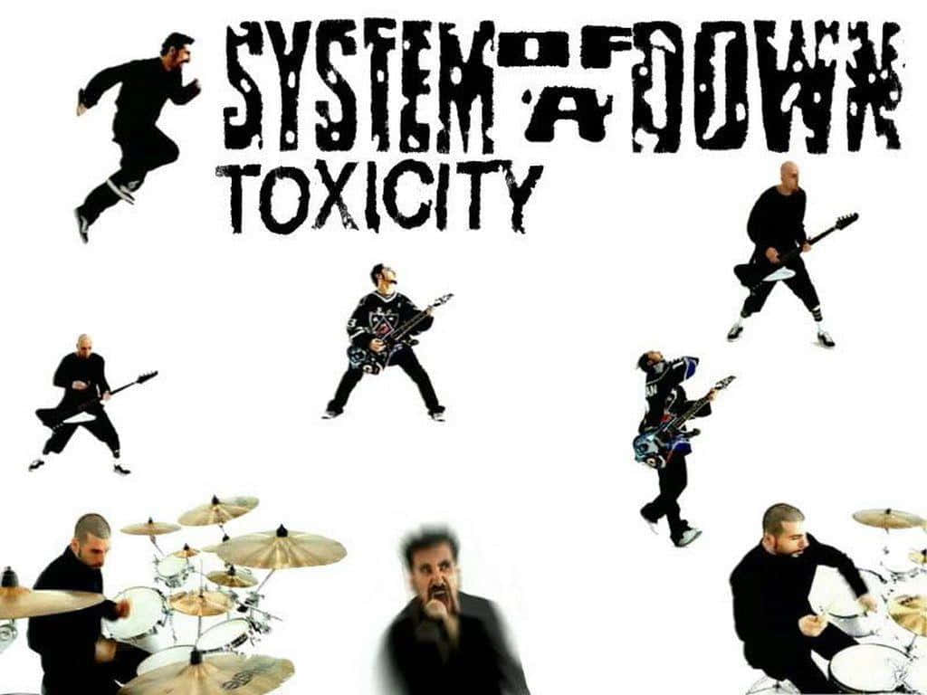  壁紙 — System of a Down 樂團成員以吉他和鼓在純白背景下擺出動態姿勢。