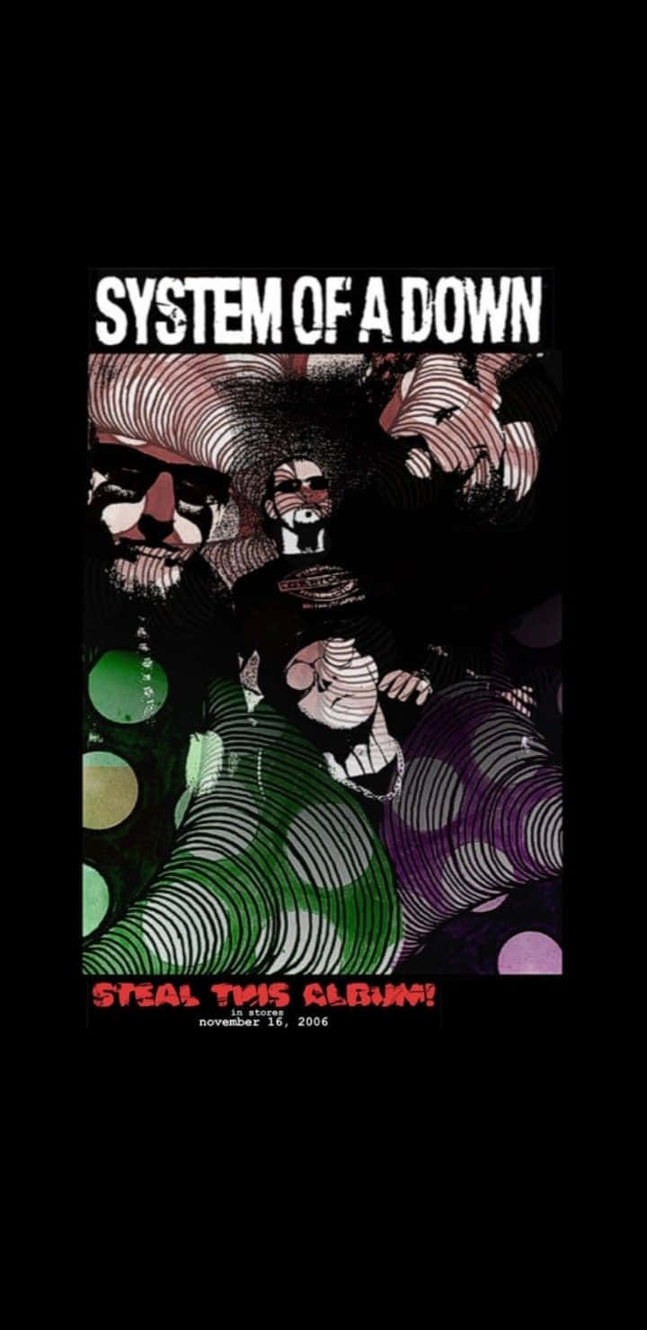 壁紙 — System of a Down 的風格化專輯封面，黑色背景上帶有漩渦圖案和粗體文字。