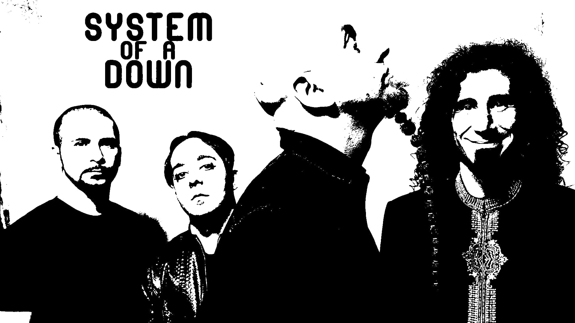 Down 桌布 壁紙 — System of a Down 樂團的高對比黑白風格肖像，上方有粗體文字。