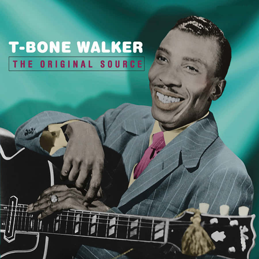 poster 桌布 壁紙 — T-Bone Walker 在充滿活力的青綠色背景下，滿懷喜悅地拿著他的電吉他。