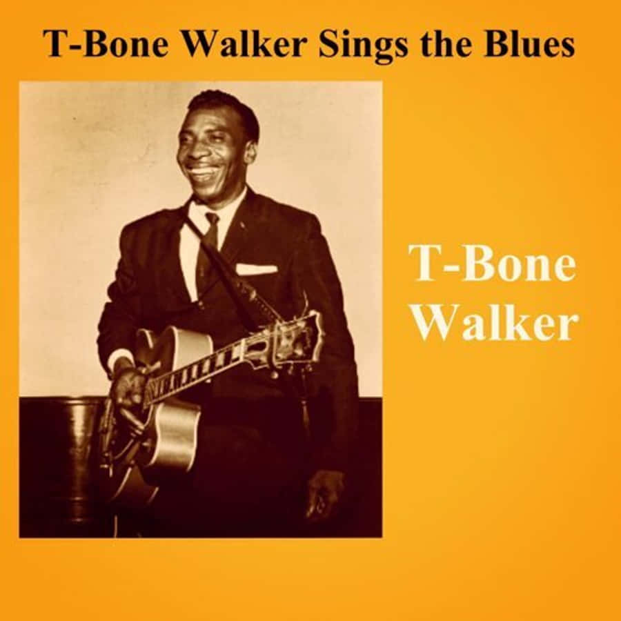 poster 桌布 壁紙 — T-Bone Walker 在復古懷舊的sepia色調專輯封面中，溫暖地微笑著，手上拿著吉他，背景是大膽的橙色。