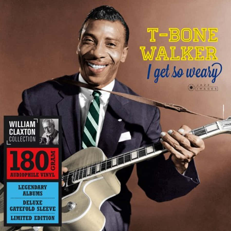 poster 桌布 壁紙 — T-Bone Walker 滿懷喜悅地抱著吉他，背景是溫暖的棕色，並帶有專輯文字疊加。