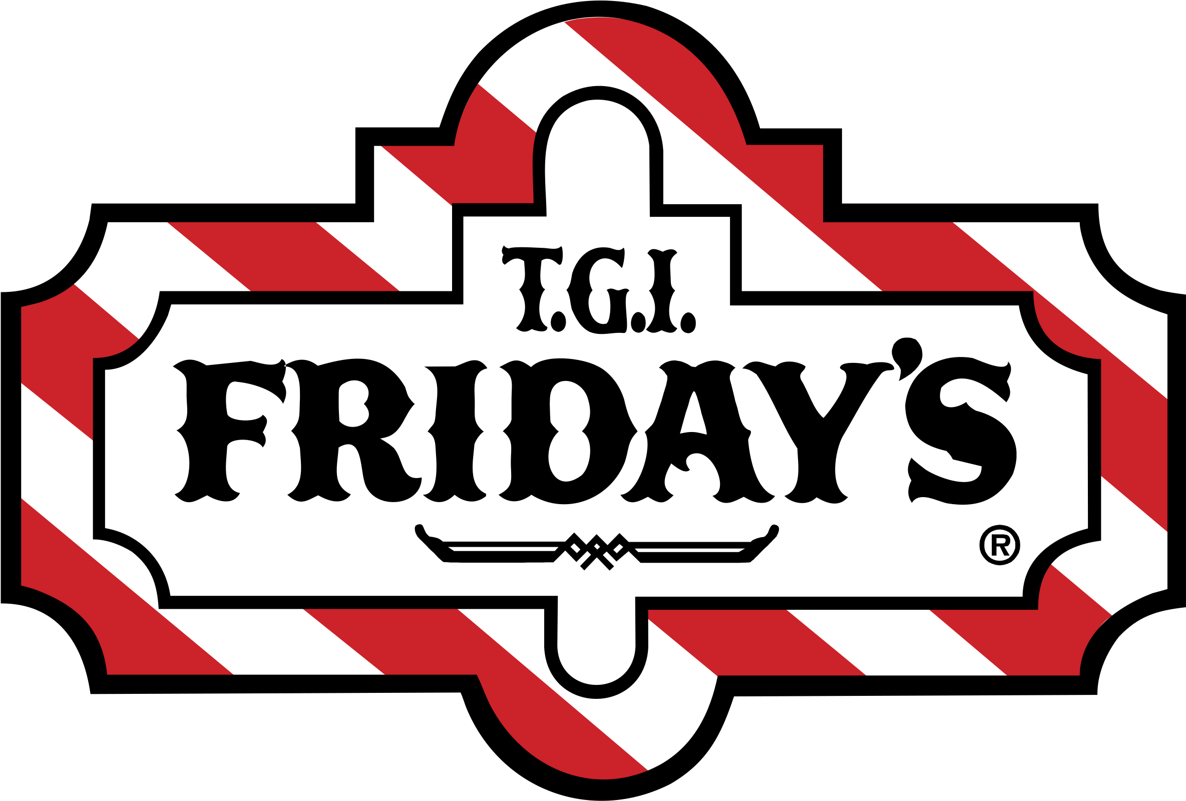 Friday 桌布 壁紙 — T.G.I. Friday's 標誌，白色背景上帶有粗體黑色文字，並以紅色和白色對角條紋框住。